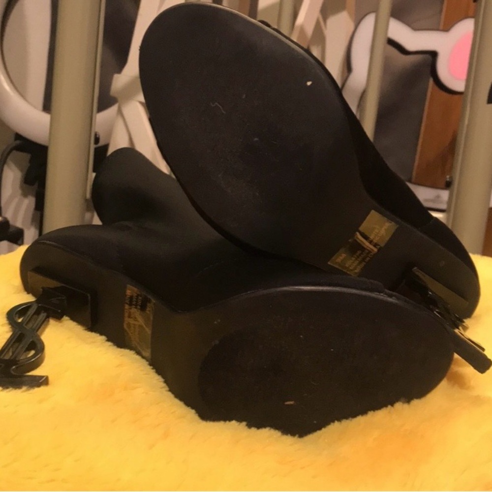 Black Open Toe Sock Boots with Dollar Sign Heels - Picture 6 of 8
